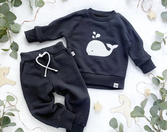 Baby white whale sweatshirt and pants set | Toddler graphite pullover | Fishing lovers suit