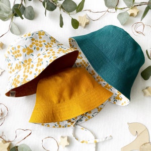 Reversible Linen Sun Hat - Tangerine Floral Bucket Hat, Cottagecore Style, for Babies & Toddlers