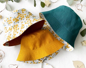 Linen Bucket Hat - Yellow Berry Print, Any of 15 Colours, Sun Hat for Family