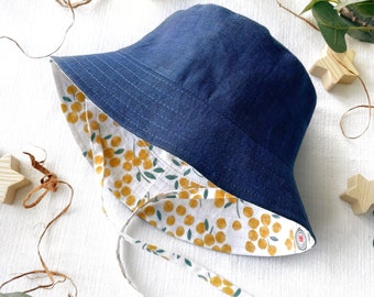 Sombrero de lino tipo cubo - Estampado cítrico reversible, sombrero de sol personalizado para bebés y adultos
