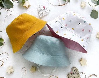 Reversible linen sun hat |  Baby bucket hat | White bucket hat |  Triangle sun hat