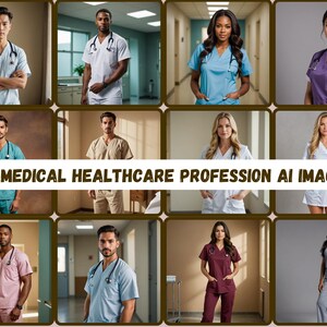 May include: A collage of images featuring healthcare professionals wearing scrubs in a variety of colors, including blue, green, purple, white, and pink. The images are set in a variety of locations, including hospital hallways, waiting rooms, and offices. The text "80+ MEDICAL HEALTHCARE PROFESSION AI IMAGES" is displayed at the bottom of the collage.
