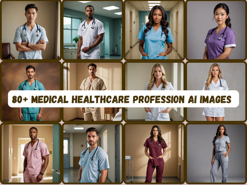 May include: A collage of images featuring healthcare professionals wearing scrubs in a variety of colors, including blue, green, purple, white, and pink. The images are set in a variety of locations, including hospital hallways, waiting rooms, and offices. The text "80+ MEDICAL HEALTHCARE PROFESSION AI IMAGES" is displayed at the bottom of the collage.