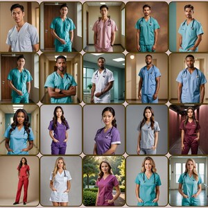 May include: A collage of 36 images featuring people wearing different colored scrubs. The scrubs are in a variety of colors, including blue, green, purple, red, and white. The people are all smiling and looking at the camera.