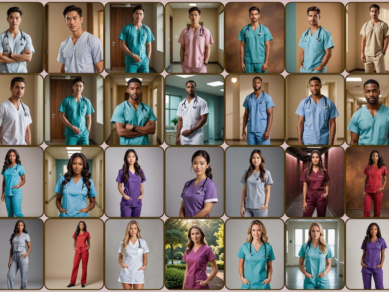 May include: A collage of 36 images featuring people wearing different colored scrubs. The scrubs are in a variety of colors, including blue, green, purple, red, and white. The people are all smiling and looking at the camera.