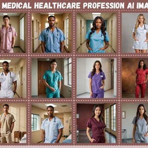 May include: A collage of 10 images featuring healthcare professionals wearing different colored scrubs. The images are set in various locations, including hospital hallways and studios.