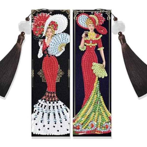 Victorian, Our Queen, rhinestone book mark with tassel, Ladies with big hats and fans, dazzling, jeweled bookmark, glamorous gowns, bookmark