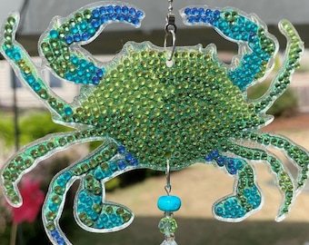 Crab, Rhinestone, crystal sun catcher, wind chime, cancer Zodiac sign, diamond painting, dot art, bling, jeweled, unique. sparkle, twinkle