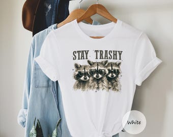 Racoon Shirt 90s Funny Racoon Shirt Retro Boho Aesthetic Cute Stay Trashy T Shirt Fun Meme T-Shirts Cottagecore Oversized Raccoon Tee