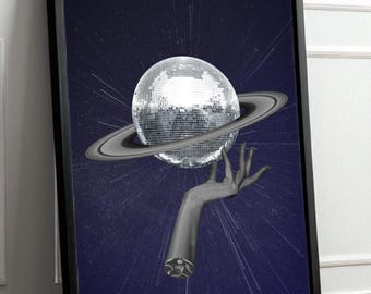 Discodelic Retro Glam Collage Art Print | Disco Ball Planet Space Collage | Music Wall Poster