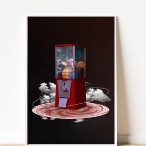 Puede incluir: Impresión artística enmarcada que muestra una máquina de chicles roja llena de planetas. La máquina está sobre una plataforma giratoria roja y blanca con nubes, sobre un fondo oscuro y estrellado.