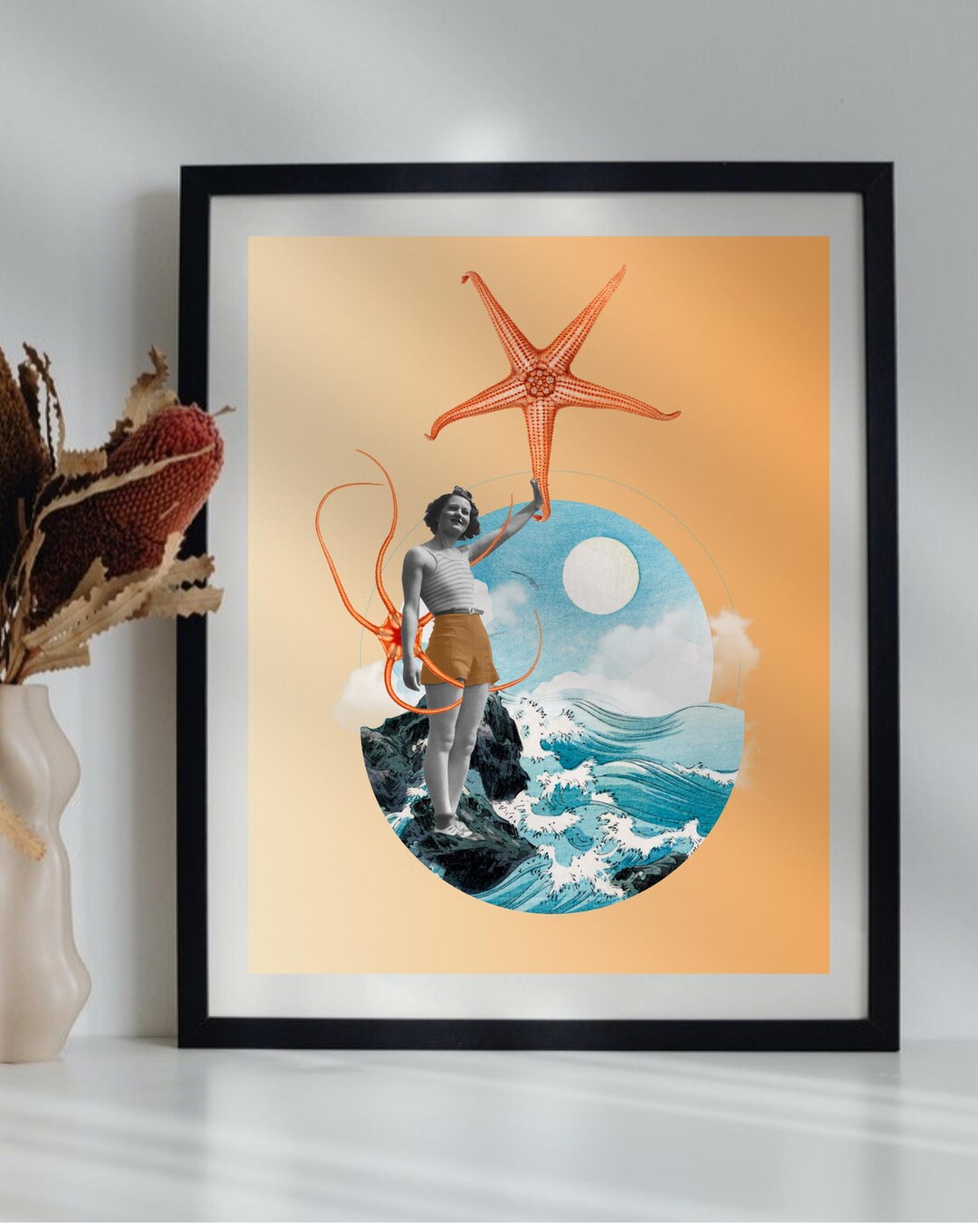 Surreal Ocean Collage Art Print | Fantasy Sea Decor | Woman Vintage ...