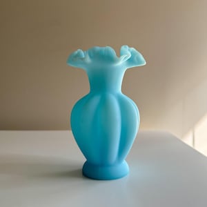 Vintage Fenton Colored Glass Teal Blue Satin Glass Melon Flower Vase with Ruffled Top, Vintage Blue Satin Handkerchief Vase