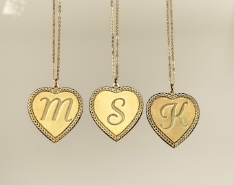Vintage Rare Solid Brass Heart Initial Pendants, A-Z Letter Initial Heart Charms, Personalized Vintage Alphabet Heart Necklace Gift