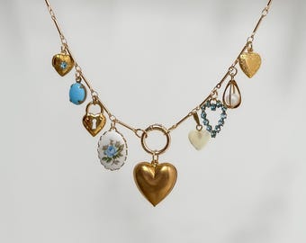 Vintage Inspired Blue Heart Charm Necklace, Floral Necklace, Vintage Brass Jewelry, Vintage Gold Charm Necklace, Vintage Statement Necklace
