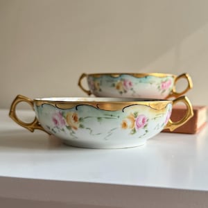 Vintage T&V Limoges France Double Handled Soup Bowl Pair, Antique Floral Hand Painted Limoges Bowls, Victorian Home Decor, French Home Decor
