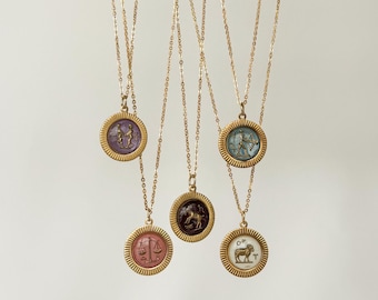 Vintage Colorful Glass Stone Zodiac Astrology Pendants, Vintage Rare German Glass Zodiac Pendant, Horoscope, 12 Zodiac Signs, Gold Tone