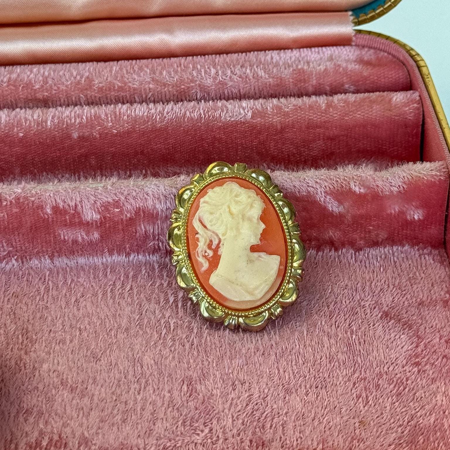 Vintage Gold Tone Lady Cameo Pin Brooch Cream/Orange Carved Lucite Victorian, Victorian Carved Woman Portrait Brooch Pin Antique