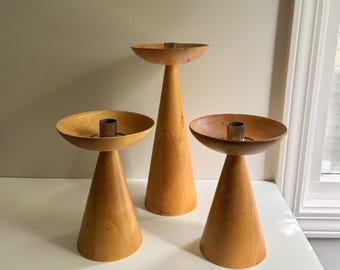 Set di 3 portacandele vintage in legno tornito IKEA, stile svedese, scandinavo, moderno di metà secolo.