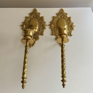 Vintage Ornate Brass Candlestick Wall Sconce Pair, Gothic Candle Wall Sconce Hollywood Regency Victorian Decor