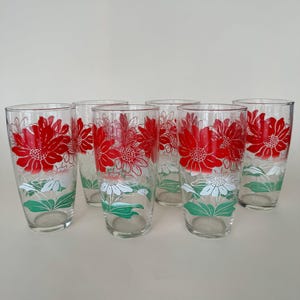 Vintage MCM Swanky Swig Flower 6 Piece Glass Tumbler Set Kraft Foods Red White Green, 1950&#39;s Ombre Sunflower Juice Glasses