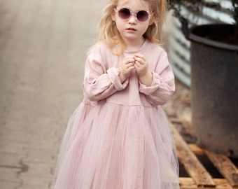 Robe en lin rose poussiéreux pour enfants avec tulle pour filles fleuries, anniversaires, célébrations, garde-robe capsule