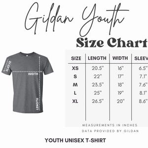 May include: A gray youth unisex t-shirt with a size chart. The chart shows measurements in inches for sizes XS to XL, including length, width, and sleeve dimensions. The text "Gildan Youth" is at the top.