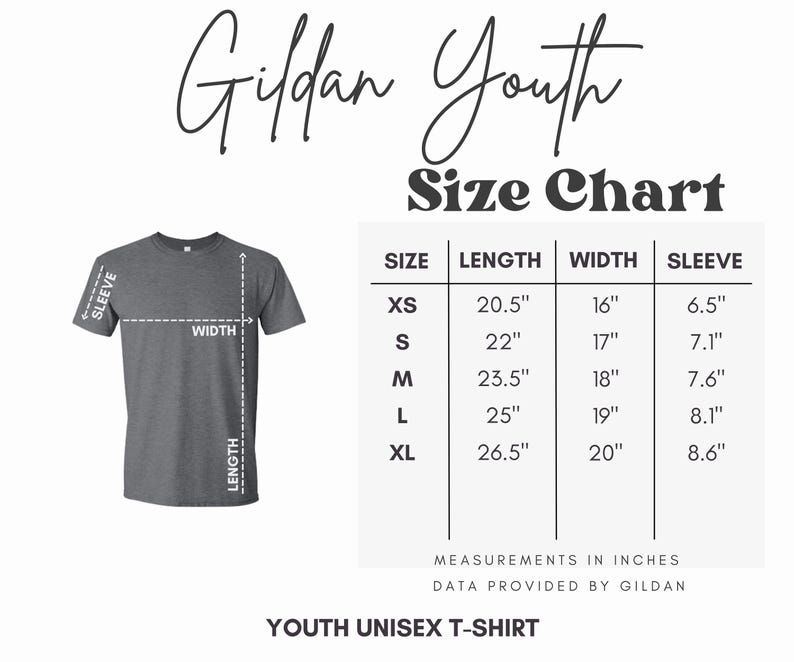 May include: A gray youth unisex t-shirt with a size chart. The chart shows measurements in inches for sizes XS to XL, including length, width, and sleeve dimensions. The text "Gildan Youth" is at the top.