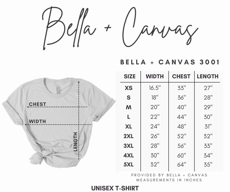 May include: A white unisex t-shirt with size, width, chest, and length measurements in inches. The Bella + Canvas 3001 t-shirt size chart is displayed, with measurements ranging from XS to 5XL. The Bella + Canvas logo is at the top.
