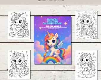 Unicorn Coloring Book for Kids| 50 Printable Pages| Kawaii Cute Unicorns| Digital Download Coloring Pages for Girls & Boys Ages 3-7