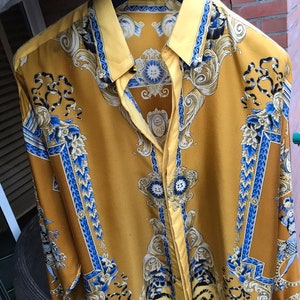 Versace Colorblock Monogram-Print Button-Down Silk Shirt