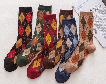 Argyle Socks 5 Pairs Bundle Mid-Calf Crew Socks Nordic Socks Retro Rustic Socks Vintage British Style Socks Great Gift Idea