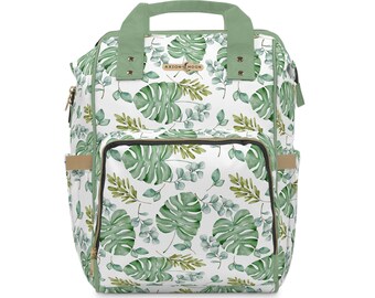 Monstera Eukalyptus Wickelrucksack, Babytasche, Krankenhaustasche, Baby-Dusche-Geschenk, Kinderzimmer Accessoires, tropischer Aquarell-Blätter-Druck