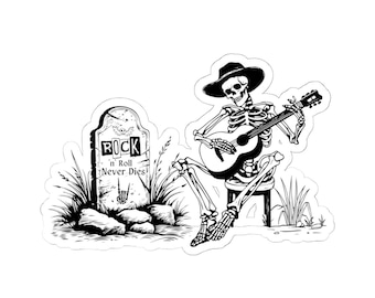 Rock n Roll Never Dies - Skeleton with Guitar -Cut Stickers