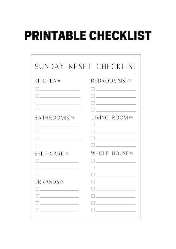 Printable Sunday Reset Checklist | Sunday To-Do List PDF | Digital Reset Checklist for Productivity