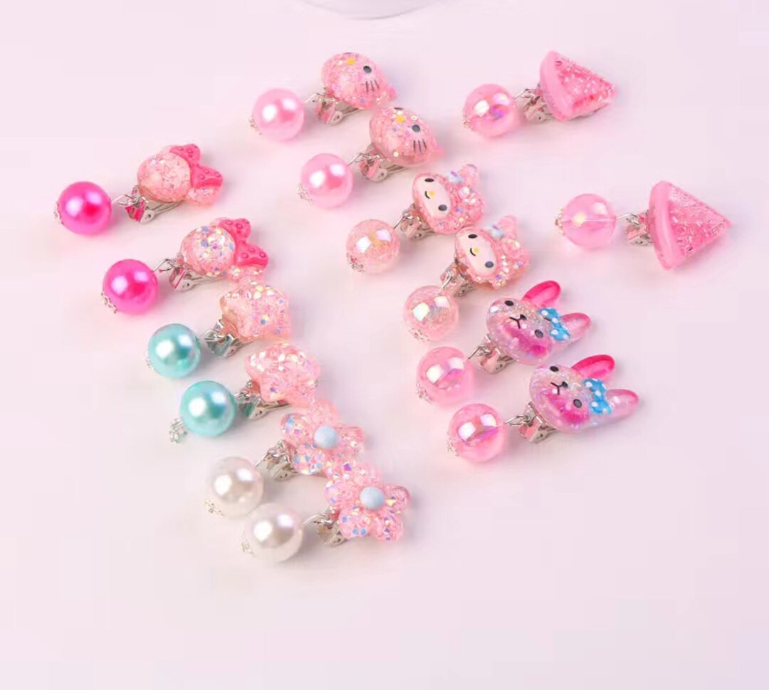 Girls Cute Clip on Earrings, No Piercing Non Pierced Bunny Pink Hello