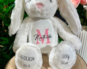 Kuscheltier | Geschenk | Geburt | Baby | weißer Hase mit Namen und Daten