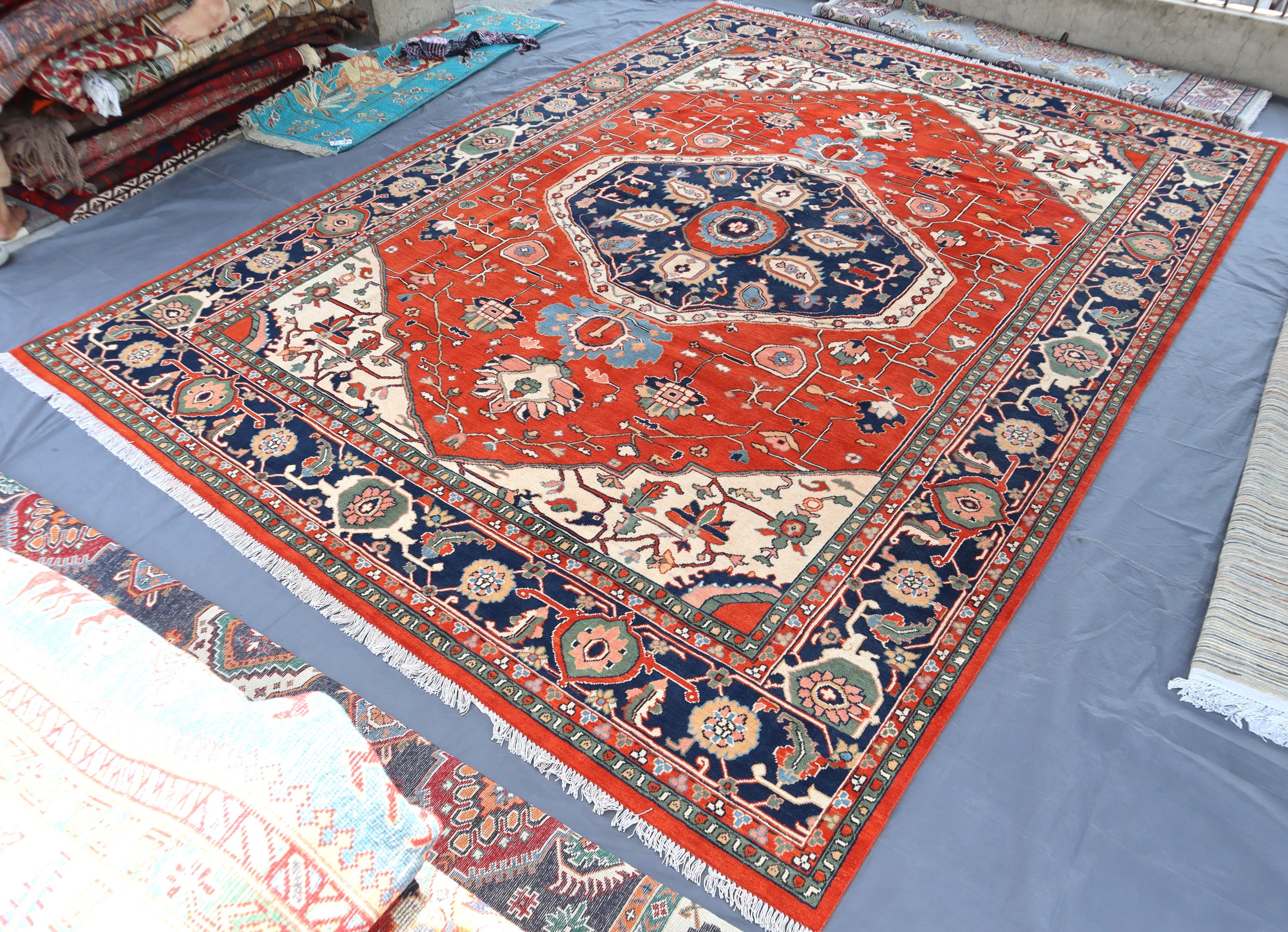 9 x 12フィート オレンジブルー アフガン 幾何学模様 ヘリズデザイン