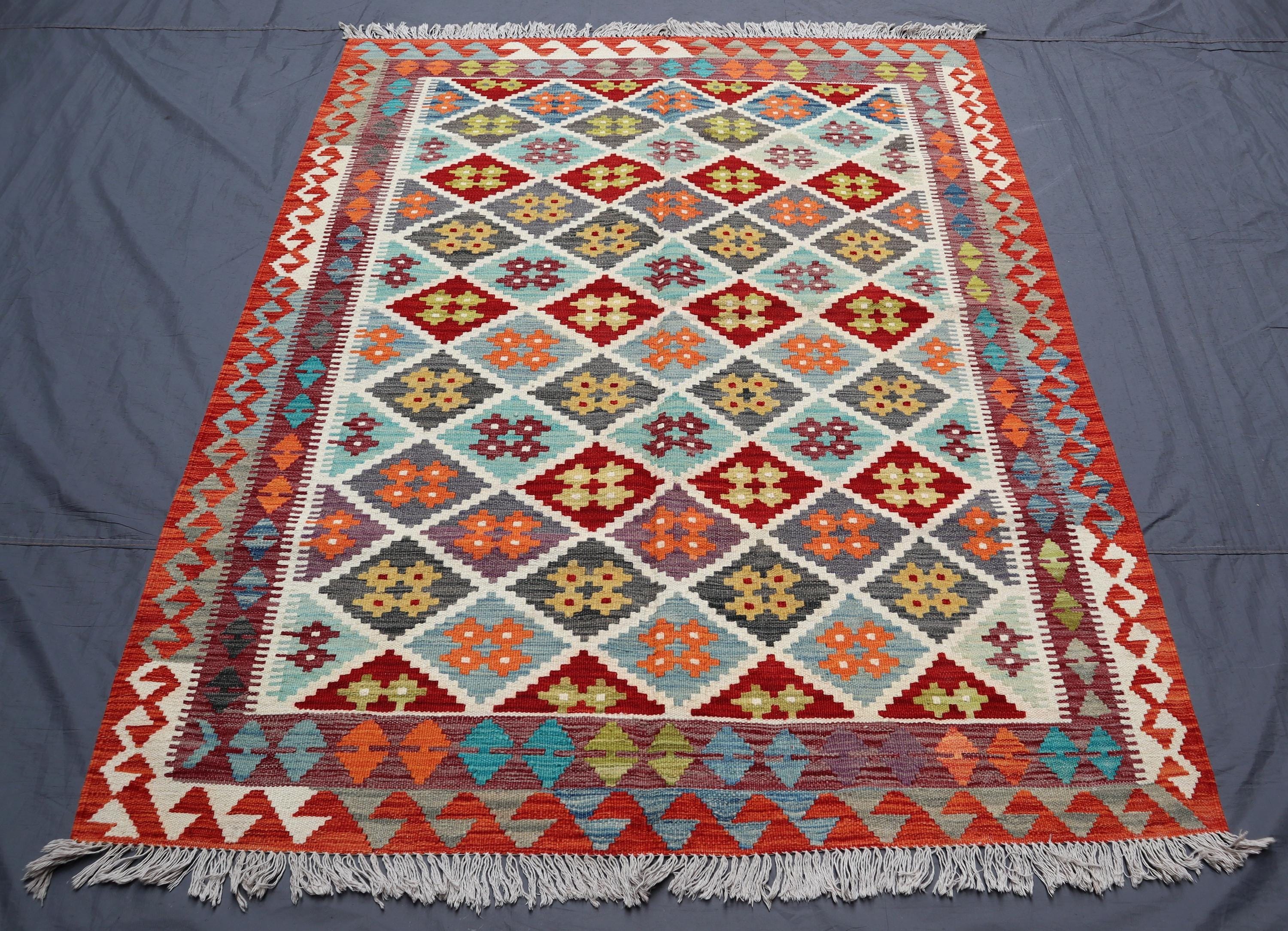 5 x 6 フィートのモダンな幾何学模様のキリムラグ、ターコイズキリム