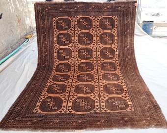 Turkmen Antique 7x9 Ft, Terracotta Elephant Foot Rug Large Vintage Bokhara Rug, Low Pile Handmade Wool Oriental Rug, Afghan Faded Rug 7x9 Ft