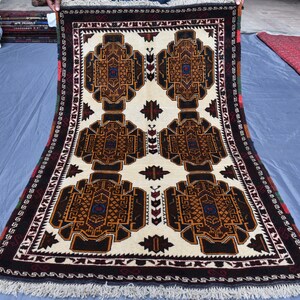 Vintage Afghan Rug, 4.11 x 3.0 Ft, Turkmen Hand-knotted Wool Area Rug, Tribal Antique Oriental Baluchi Rug, Living Room Rug, 3x5 Afghan Rug