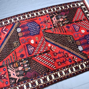 Afghan Pictorial Rug, 2.11x4.9 Ft Afghan Hand Knotted Wool Rug, Handmade Road Tower Trees Pictorial Kids Room Rug, Baluchi Area Rug, Rug 3x5