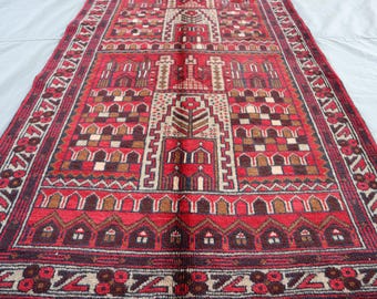 Tapis de prière vintage rouge, 2,10 x 4,8 pieds, tapis afghan vintage, tapis afghan en laine fait main, tapis baloutche, tapis oriental bohème turkmène 3 x 5 pieds tapis de prière