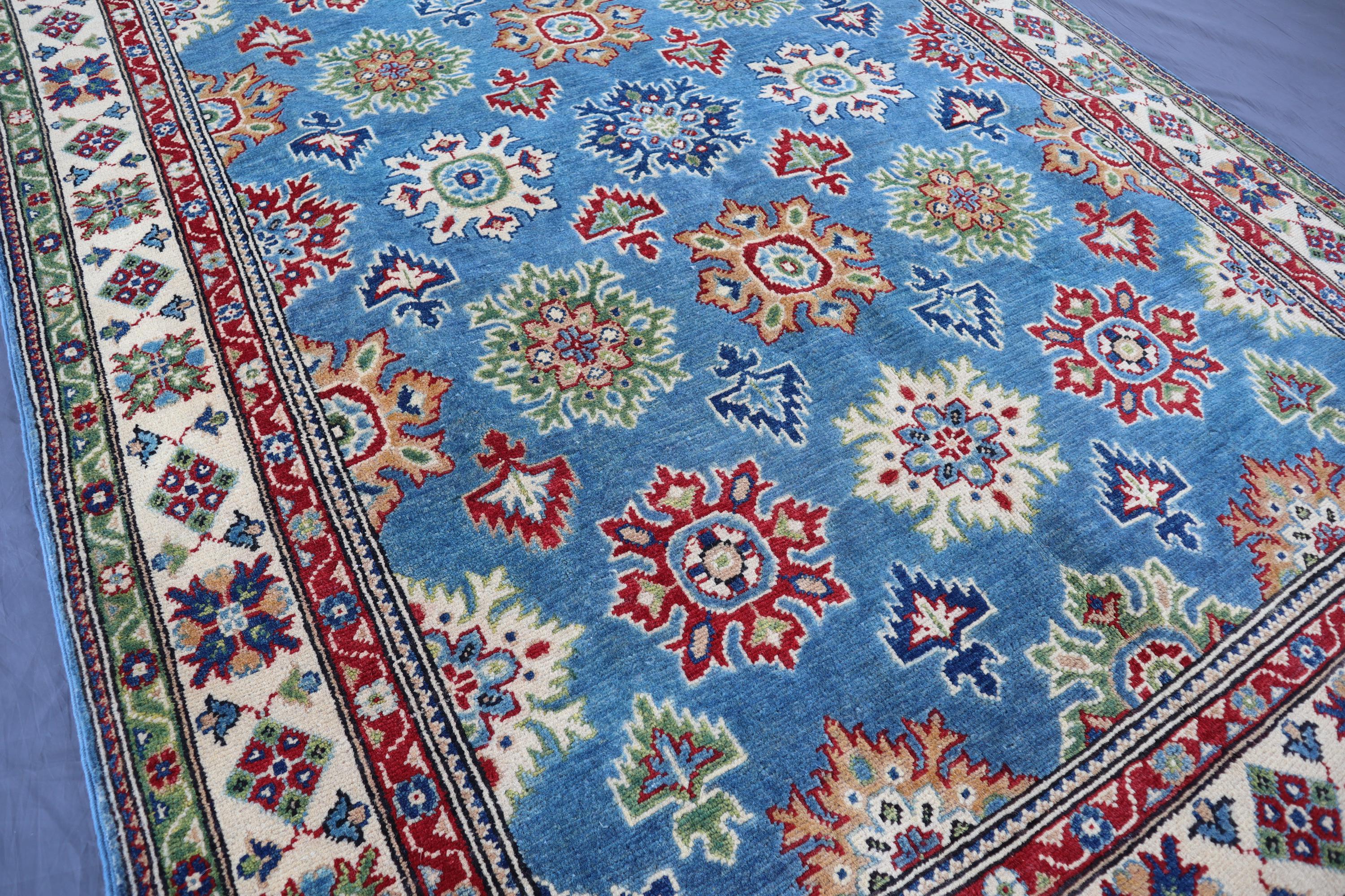 5x7 Blue Super Kazak Rug. Wool Area Rug - Afghan Hand Knotted Rug - Kazak Rug - Bohemian Blue Rug - Geometric Area Rug - Living Room Rug 5x7