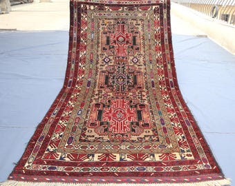 Alfombra vintage de 3,5 x 6,5 pies, alfombra hecha a mano de pelo suave de lana roja y azul, alfombra antigua descolorida con tintes naturales, alfombra tribal geométrica afgana, alfombra nómada
