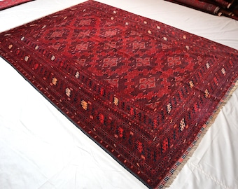 7x10 Ft Geometric Ersari Tekke Bukhara Rug, Afghan Handmade Natural dyes Distressed Wool Area Rug, Turkmen Oriental Rug, Living Room Rug