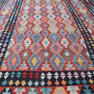 10x16 Ft Extra Large Afghan Kilim Area Rug, Handmade Wool Area Rug, Turkmen Flatweave Rug, Geometric Kilim Rug, Bedroom Rug, Living Room Rug
