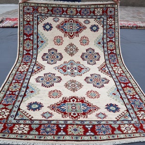 4x6 ft Geometric Area Rug/ Afghan Handmade Rug/ Natural Vegetable dyes Rug/ living room Rug/ Wool Rug/ Super Kazak Turkmen Rug Bedroom Rug