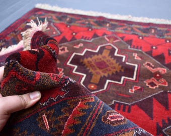 Impresionante alfombra Baluch de 3,10 x 6,2 pies, hecha a mano en lana, estilo vintage, de pelo suave, estilo afgano antiguo, estilo oriental turcomano, alfombra para dormitorio de 4 x 6 pies.