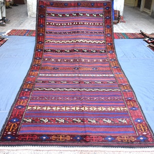 4x10 Ft Afghan Striped design Wide Runner Kilim Rug, Vintage Handmade Wool Rug, Turkmen Flatweave Rug, Oriental Hallway Rug, Hallway Rugs